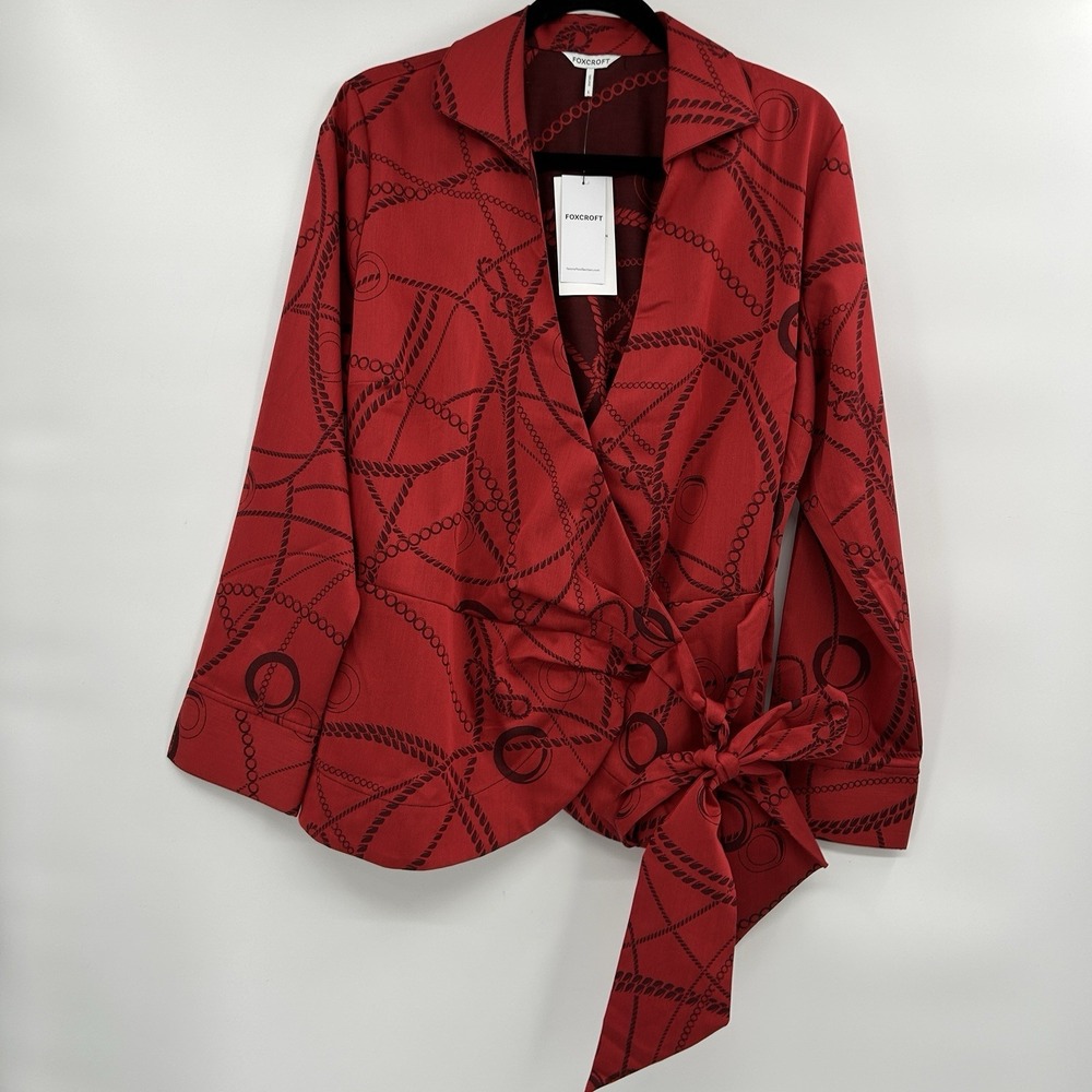 Foxcroft Womens Salina Chain Stripe Wrap Shirt Size L Red Black Career Old Money - Picture 2 of 11
